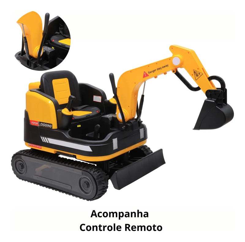 Escavadeira Elétrica Infantil 12V Amarela com Controle Remoto (PROMOÇÃO)