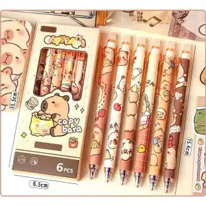 Kit 6 Canetas Apagáveis Capivara Filó Papelaria Fofa Kawaii