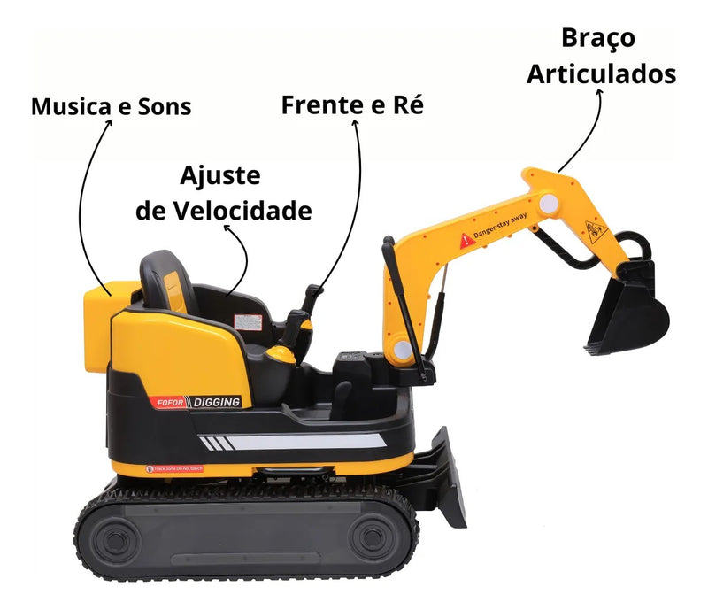 Escavadeira Elétrica Infantil 12V Amarela com Controle Remoto (PROMOÇÃO)