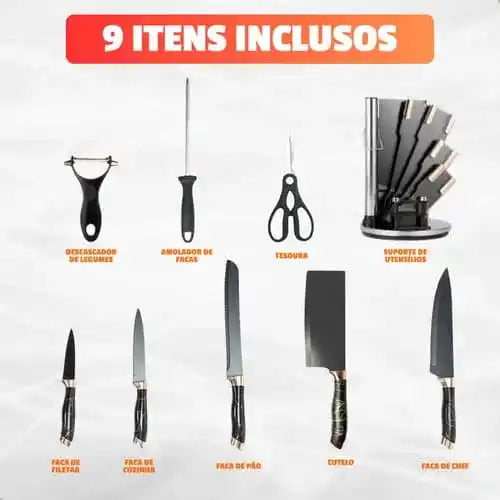 Jogo de Facas Gourmet 9 Peças Inox + Amolador (PROMOÇÃO)
